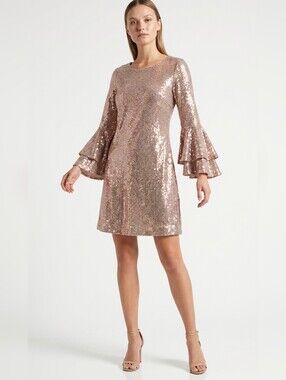 Vince Camuto Sequin Bell Sleeve Shift Dress in Rose Gold NWT - XS